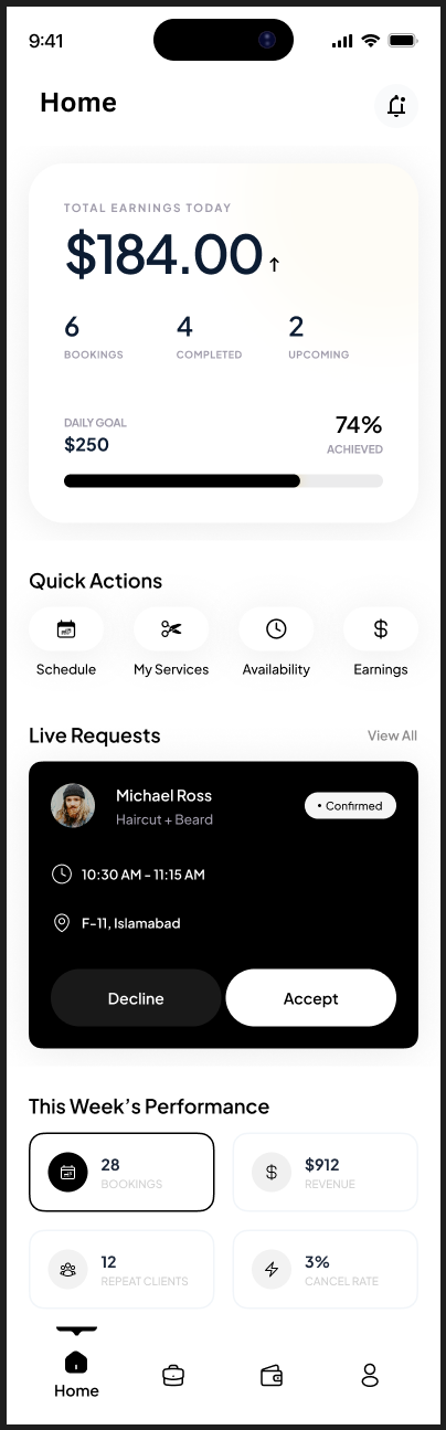 Shorter barber dashboard screen